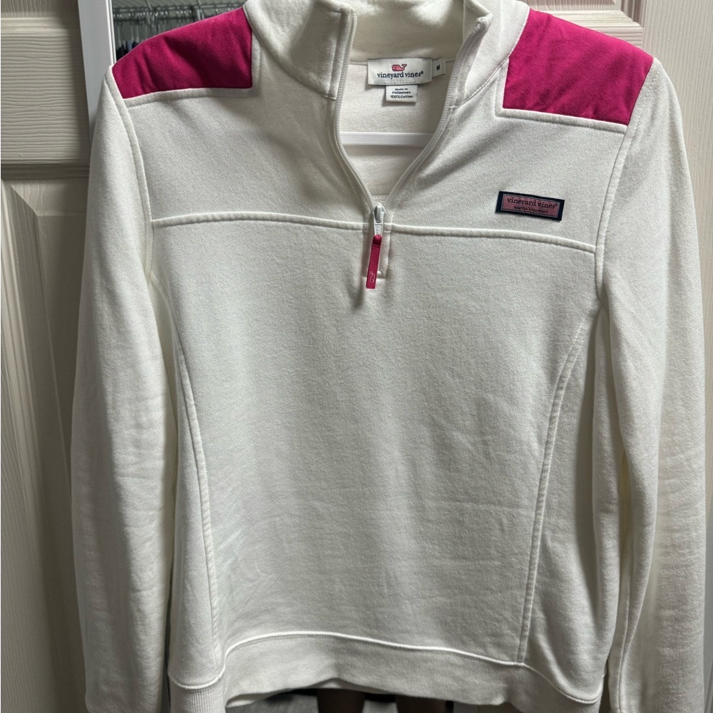 Vineyard Vines Cream and Pink Quarter-Zip Pullover